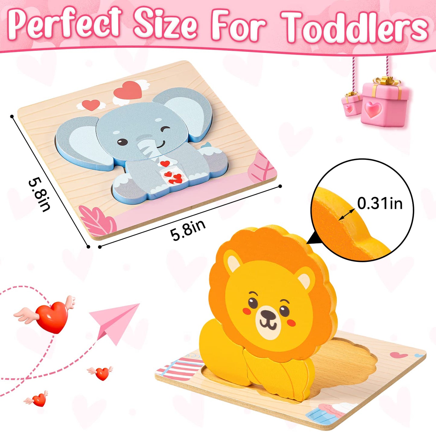 Valentines Toys Gifts For Kids Toddlers - 4 Pack Wooden Puzzles With Animals Design, Valentine Party Favors For Boys Girls, Kids