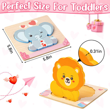 Valentines Toys Gifts For Kids Toddlers - 4 Pack Wooden Puzzles With Animals Design, Valentine Party Favors For Boys Girls, Kids