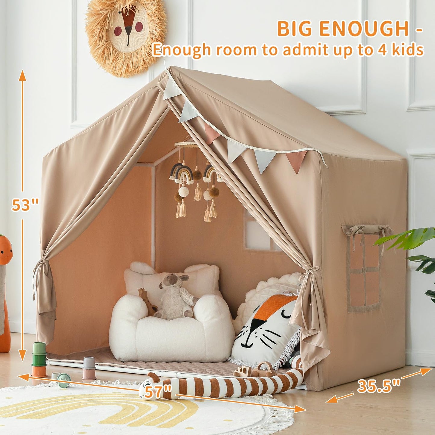 Razee Kids Play Tent With Mat, Large Playhouse Tent Indoor, Play House Kids Tent Castle Tent For Girls Boys, Play Cottage (Khaki)