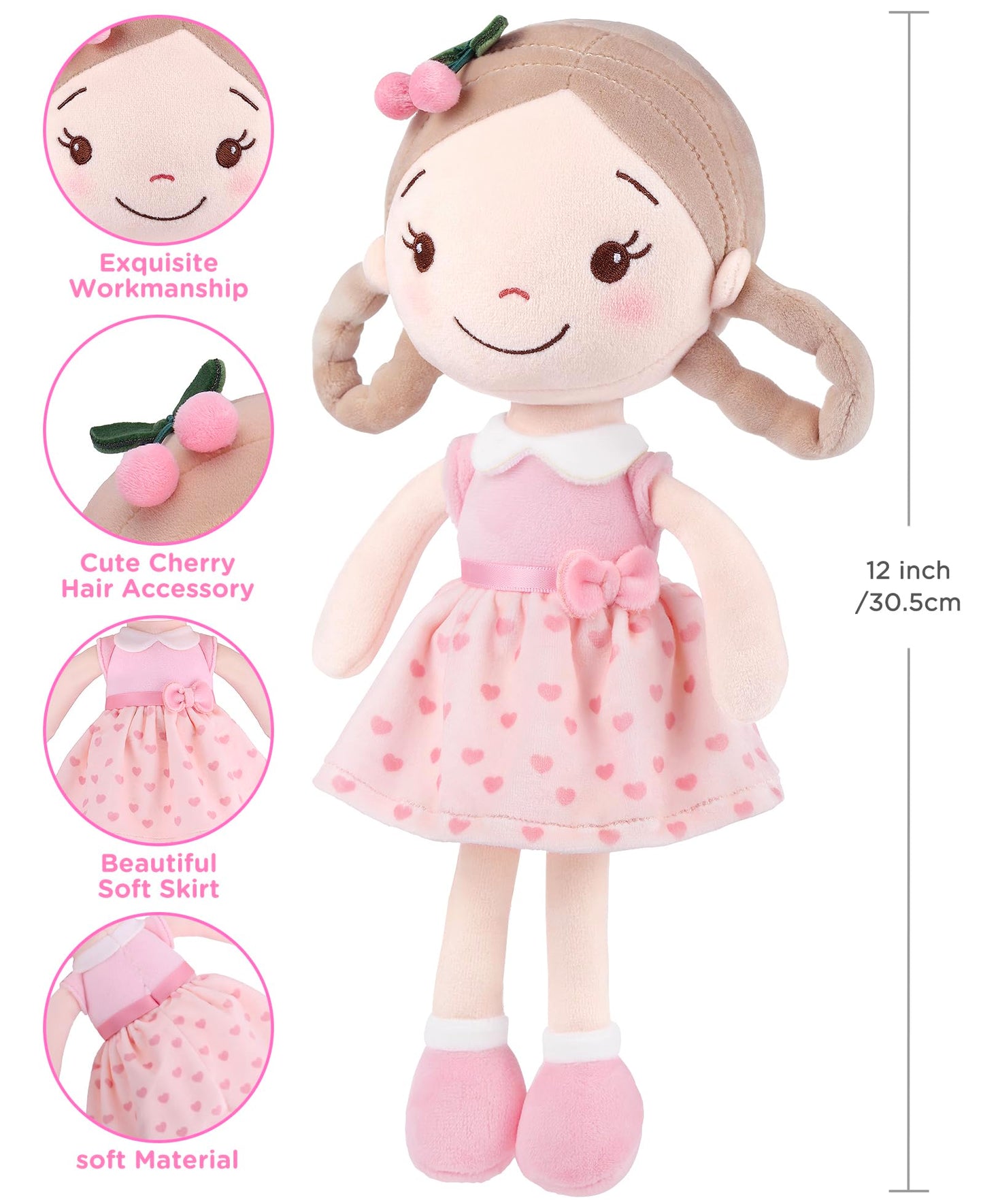GAGAKU Soft Plush Baby Doll for Girls (12 ) - My First Baby Doll Gift for Girls  Toddlers & Infants  Machine Washable Rag Doll Toy - Cherry Girl