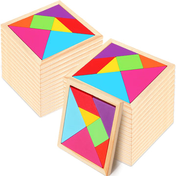 Syhood 24 Pieces Tangrams Puzzles For Students Party Favors Wooden Tangram Pattern Blocks Brain Logic Blocks For Manipulatives Games Educational Gifts And Party Favors(Bright)