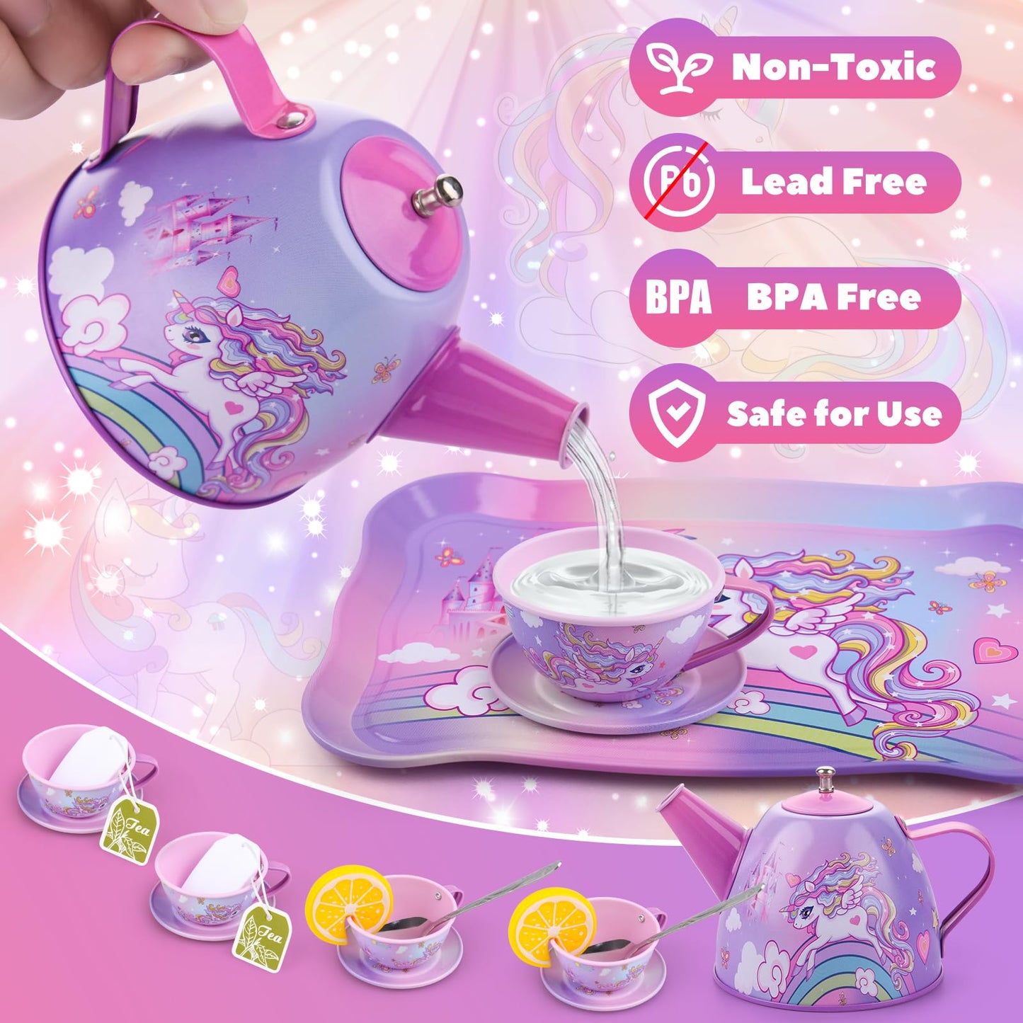 Auney Tea Set Toys for Girls 36pcs, Unicorn Tea Party Toy Pretend Play Toddler Toys, Girls Toys for Birthday Including Carrying