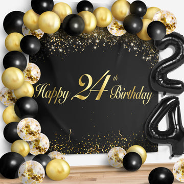 Happy 24Th Birthday Balloons Black Set Decor - Cheers To 24 Years Old Party Theme Garland Banner Backdrop Decorations For Women
