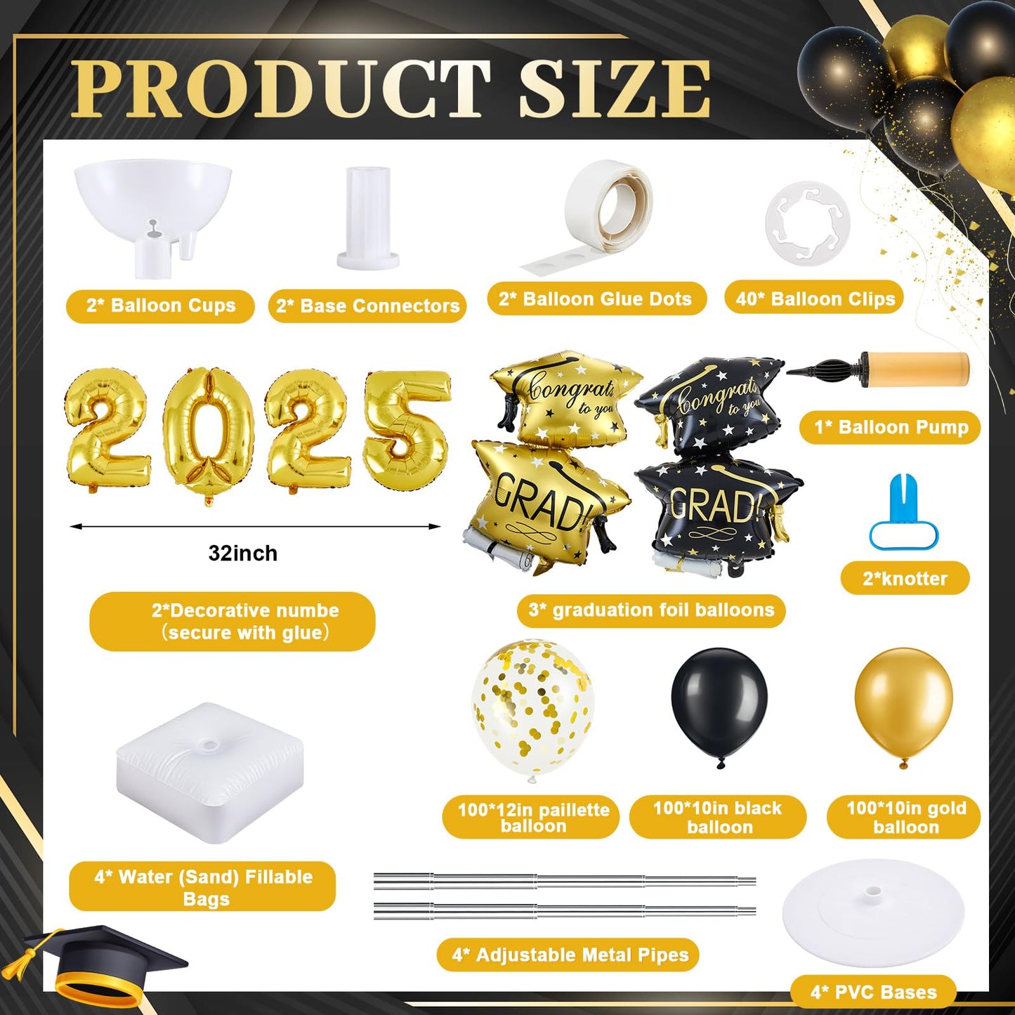 Gejoy 4 Sets Graduation Balloon Column Stand Kit with 314 Pcs Black Gold Latex Balloons 2025 Letters 6.5 ft Adjustable Metal Tub