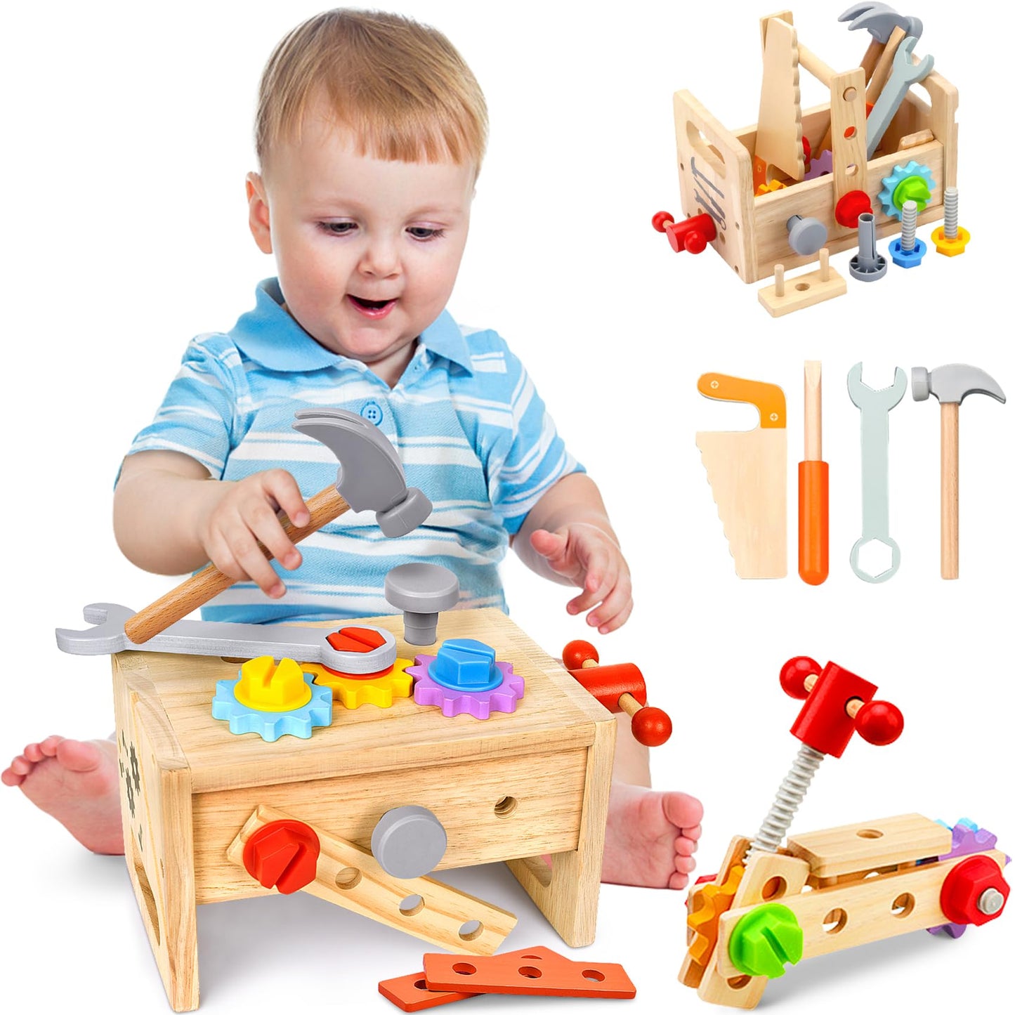 Kaodezhu Wooden Tool Set Montessori Toys for 2 3 4 5 Year Old Boy, 29Pcs Stem Toys Toddler Educational Toys Age 2-3, Tool Bench