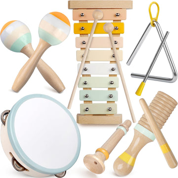 Baby Musical Instruments - Montessori Musical Toys For Toddlers 1-3, Neutral Colors Wooden Percussion Instruments Set, Modern Bo
