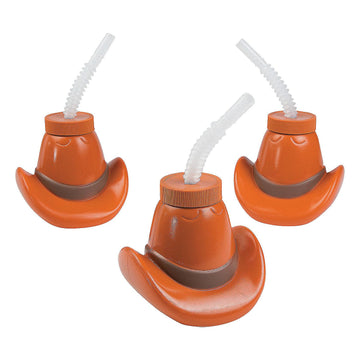 Fun Express Cowboy Hat Cups with Lids & Straws - 15 oz Western Party Cups Kids Birthdays Themed Celebrations & Cowboy Parties - 