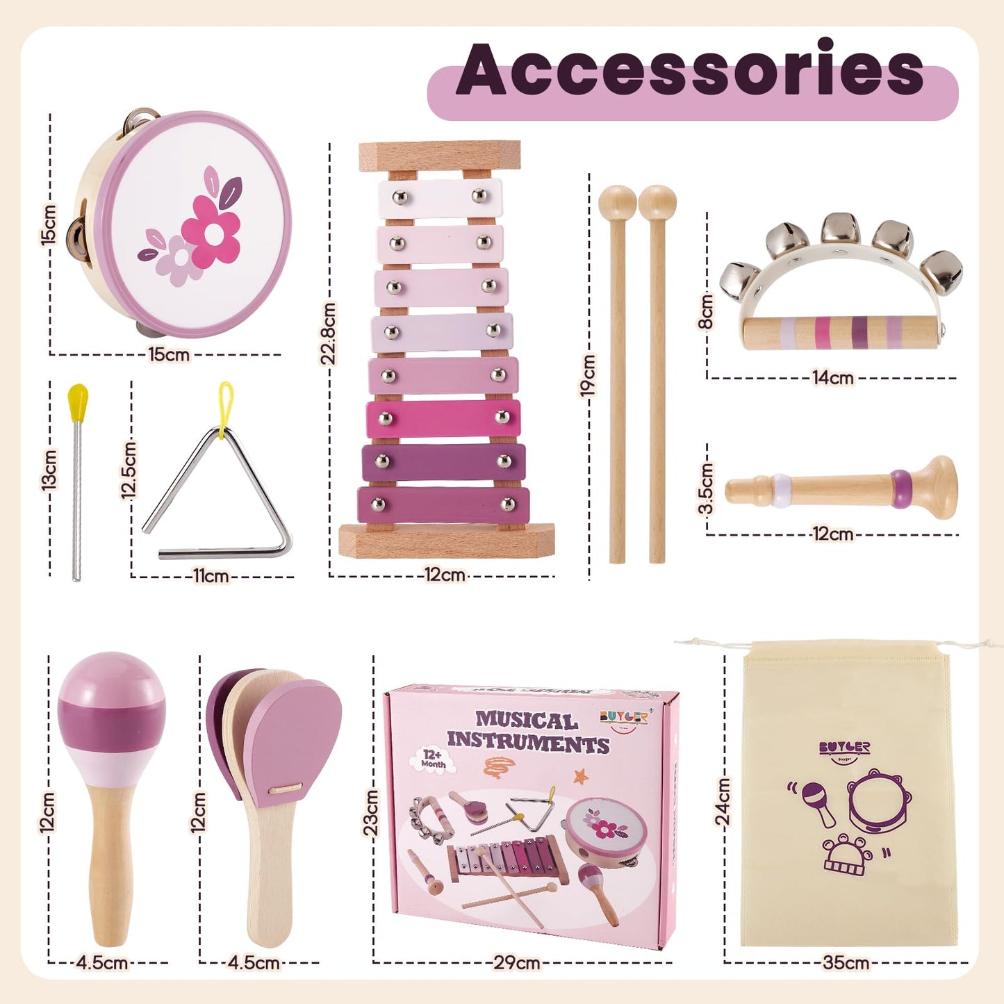 Buyger Baby Musical Instruments Set - Wooden Xylophone, Small Size, Model YR-0161, Montessori Educational Gifts for Toddlers