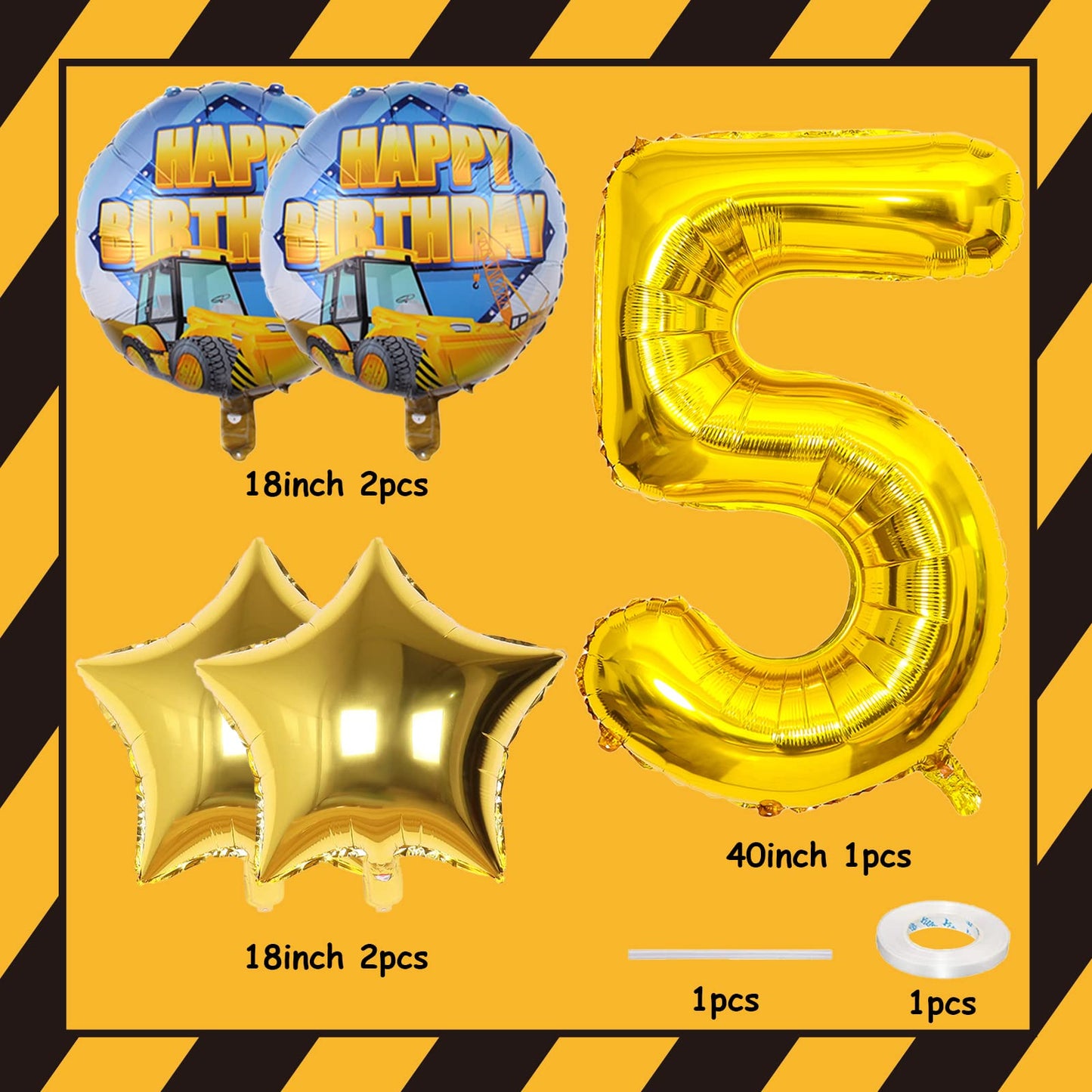 Construction Birthday Party Supplies 5 Year Old, 9Pcs Construction Balloons Set With Gold Number 5 Balloons, Large Construction