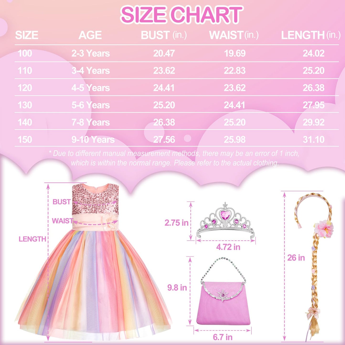 Davvew Little Girls Dress Sequin Pink Rainbow Dress Flower Girl Dress Easter Dress Light Up Princess Dresses For Toddler Girls K