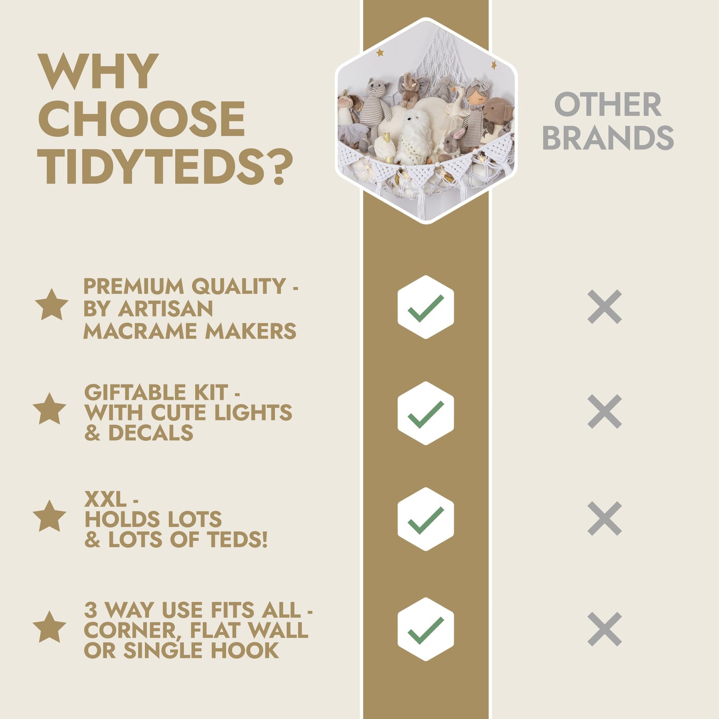 TIDYTEDS Snow White Macrame DreamLights Boho Stuffed Animal Storage Net for Stuffed Animals (Extra Large) and Stuffed Animal Net