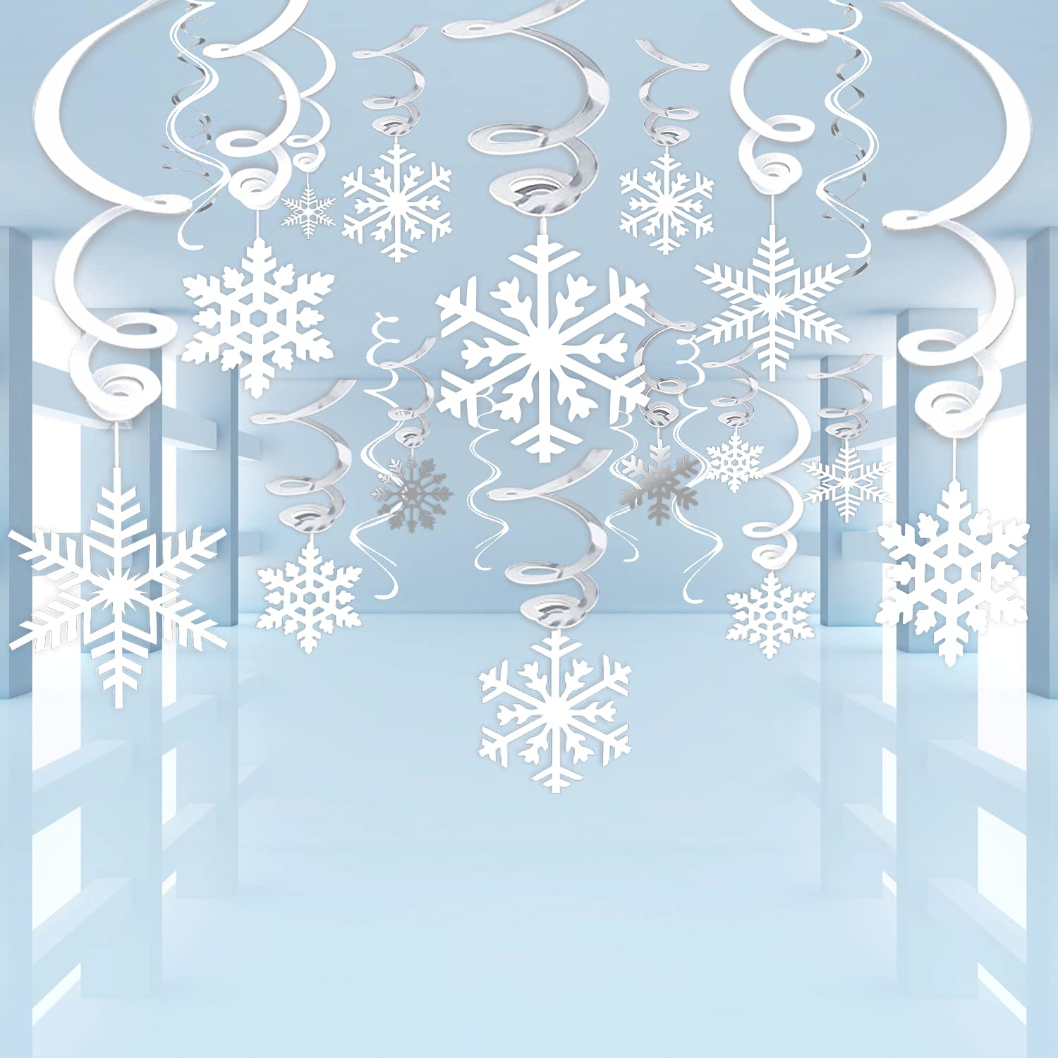 Zayvor 40Ct Christmas Snowflake Hanging Swirl Decorations,Christmas Hanging Ceiling Streamers Snowflake Hanging Swirls and Strin