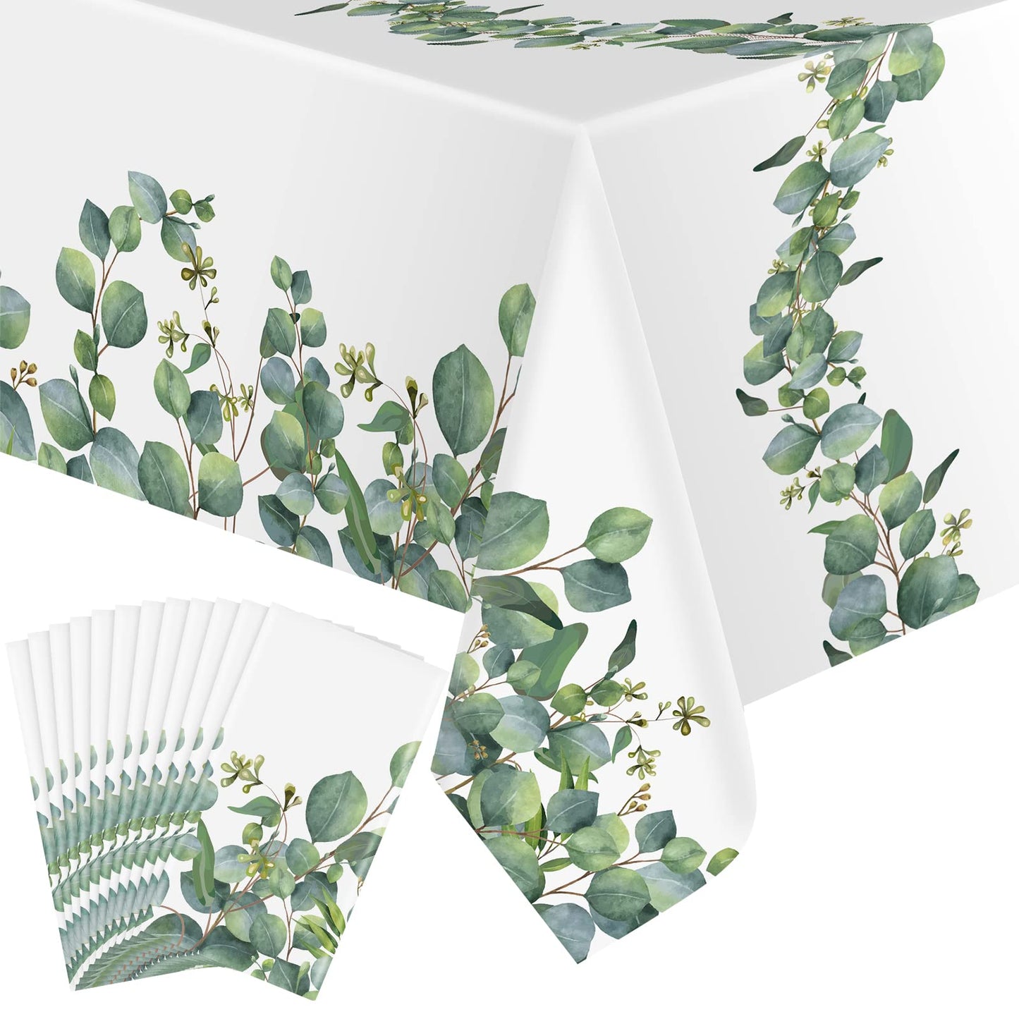 Remagr 12 Pcs Sage Green Tablecloth Plastic Eucalyptus Leaf Table Cover Rectangle Disposable Table Cloth for Bridal Baby Shower 