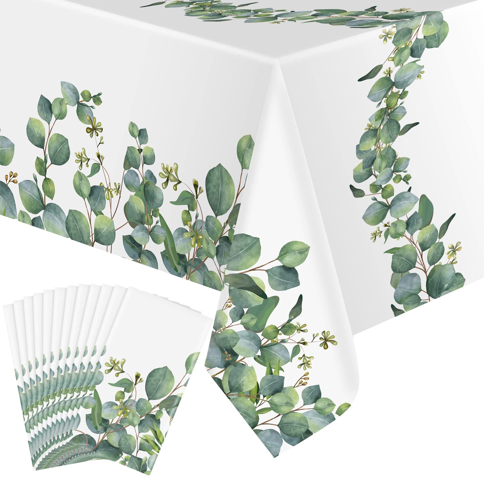 Remagr 12 Pcs Sage Green Tablecloth Plastic Eucalyptus Leaf Table Cover Rectangle Disposable Table Cloth for Bridal Baby Shower 