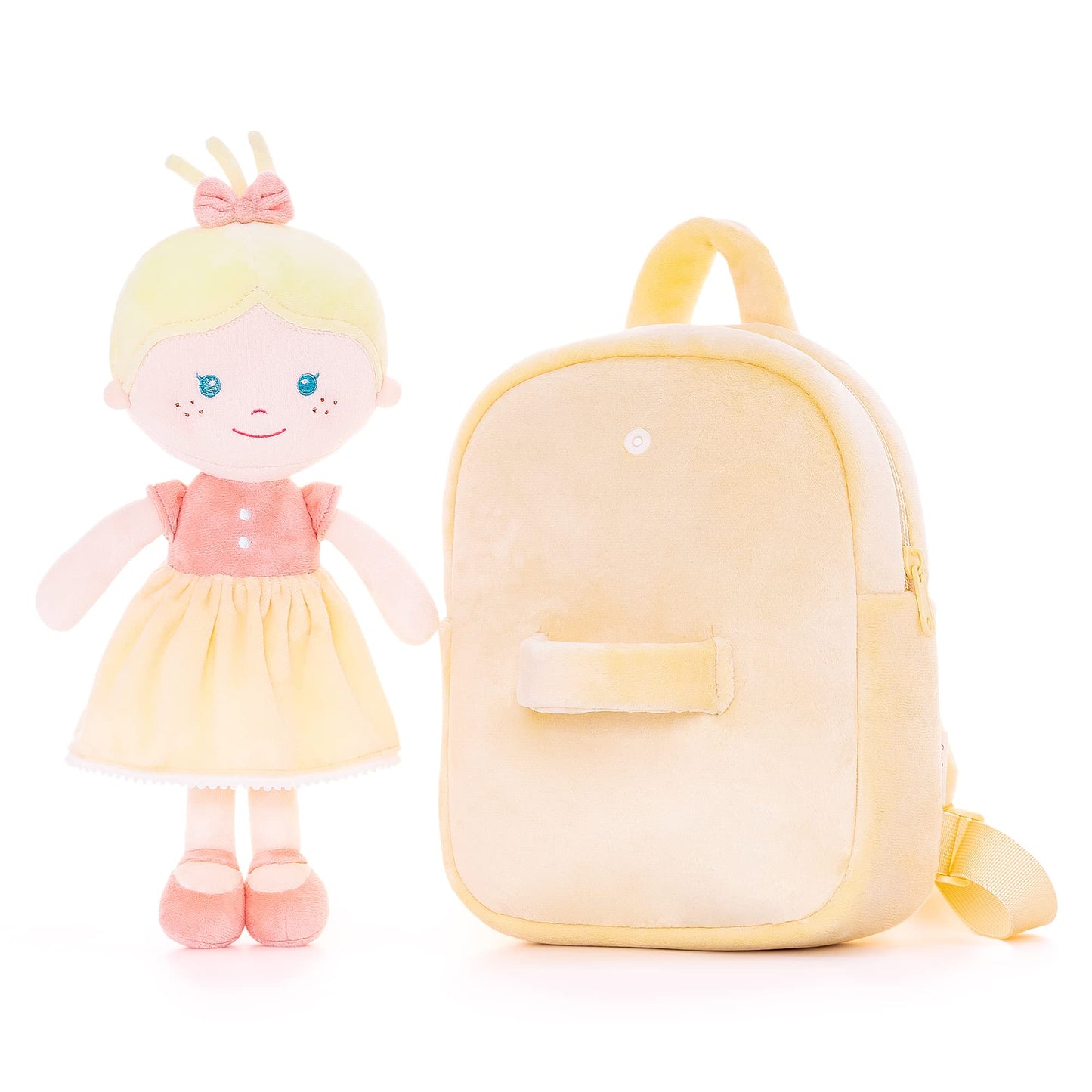 Onetoo First Baby Doll Plush Rag Doll Soft Baby Doll For Girls Sleeping Cuddle Buddy Doll Wear Yellow Dress 9.5''
