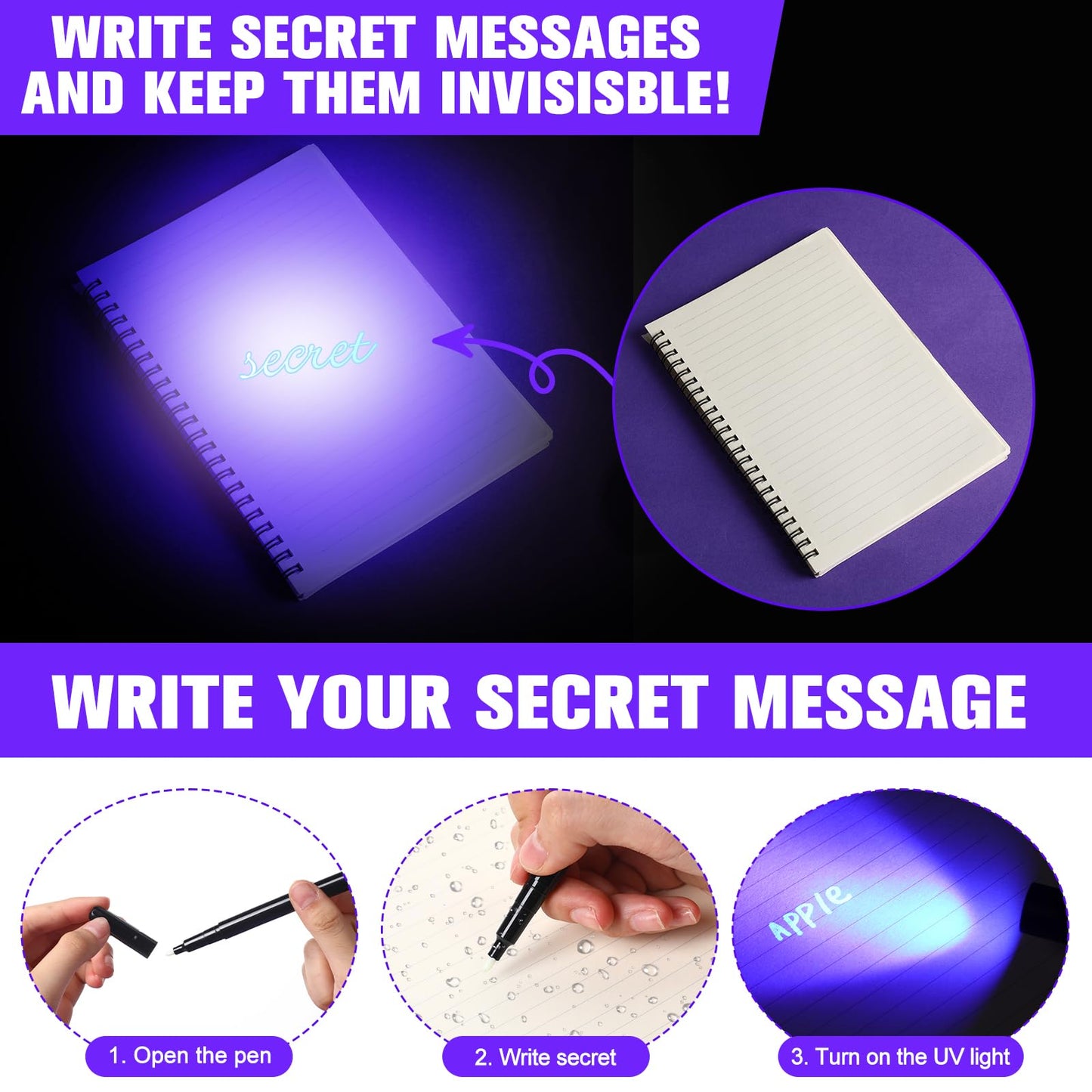 Tegeme 12 Invisible Ink Pen Set 6 Invisible Marker 6 Mini UV Flashlights Black Light Markers Disappearing Ink Pen for Secret Not