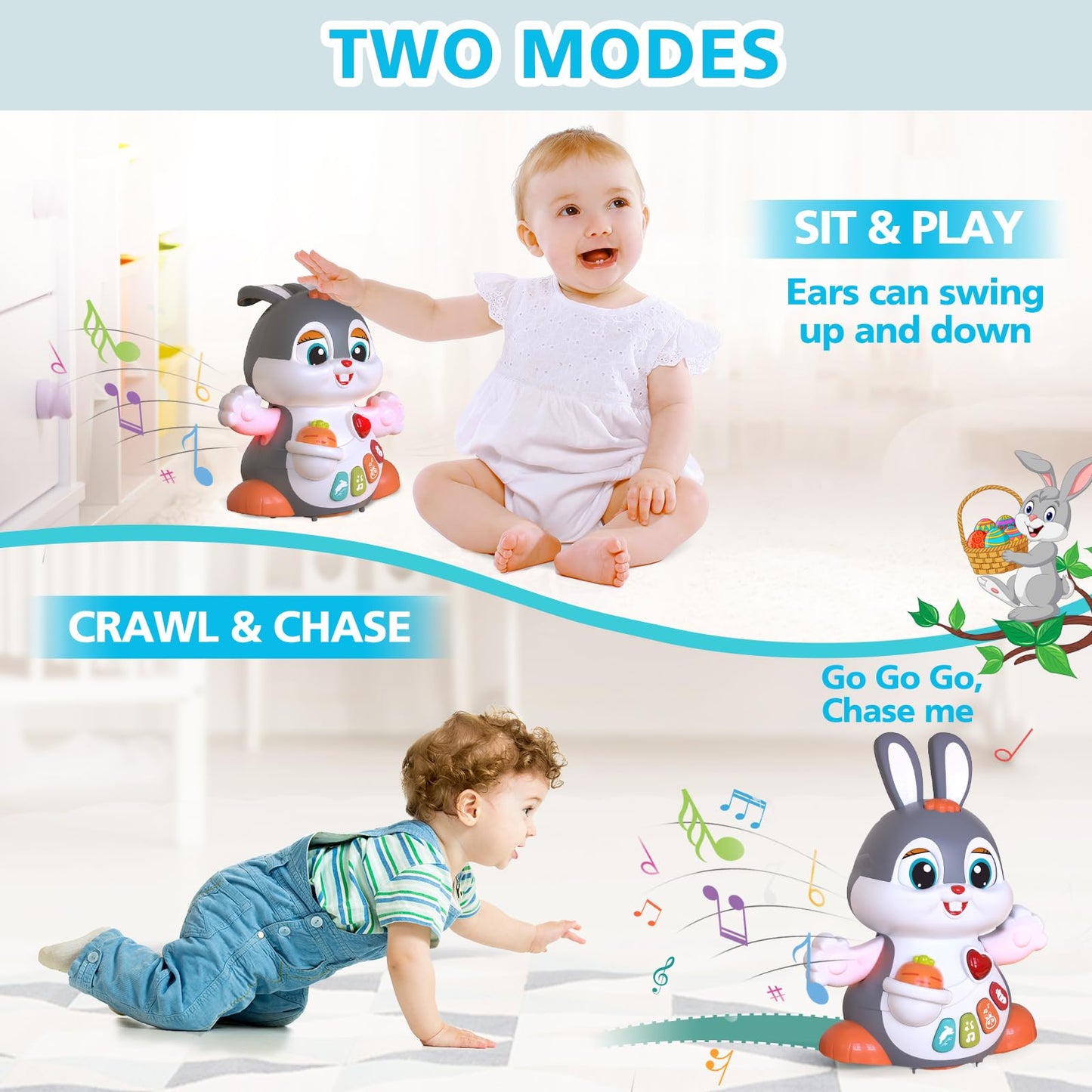 Yerloa Musical Bunny Crawling Toys For Babies 6-12 Month Dancing Music Light Baby Toys, Tummy Time Toy Development Learning Toys For 6 8 9 10 12 Month Toddler Birthday Gift For 1 2 Year Old Boy Girl