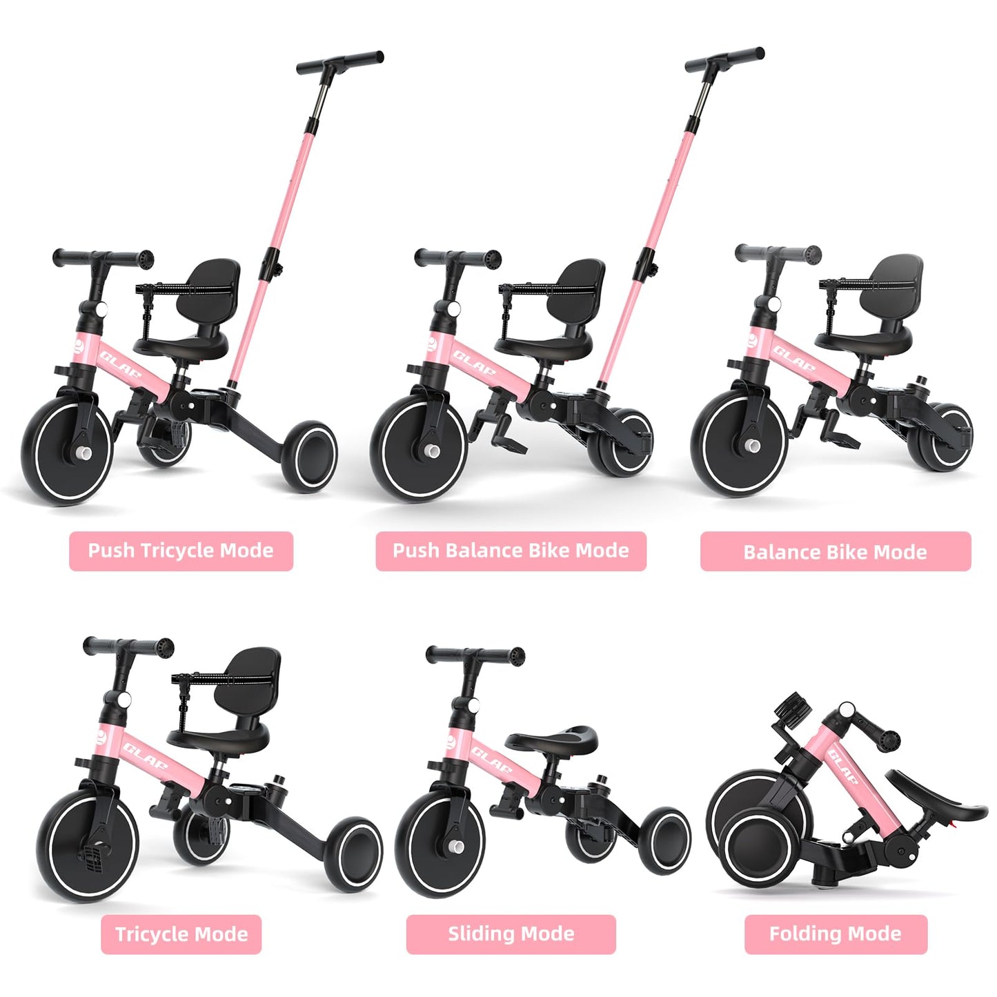 Glaf Toddler Bike, Folding Toddler Tricycle For 1-4 Year Old With Push Handle, Balance Bike, 6 In 1 Trike With Removable Pedals