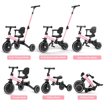 Glaf Toddler Bike, Folding Toddler Tricycle For 1-4 Year Old With Push Handle, Balance Bike, 6 In 1 Trike With Removable Pedals