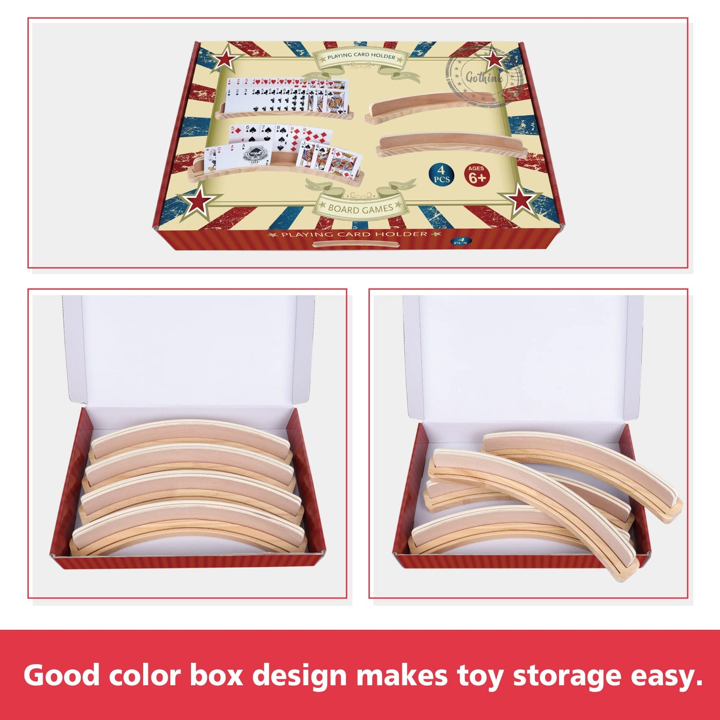 GOTHINK Set of 4 - Cruved Playing Card Holder for Kids mature-themed Seniors 2 Slot Solid Wood Cards Holders for Playing Cards 14 x 1.6 x 1.8 Inch Non Slip Card Deck for Bridge Canasta Strategy Card Games