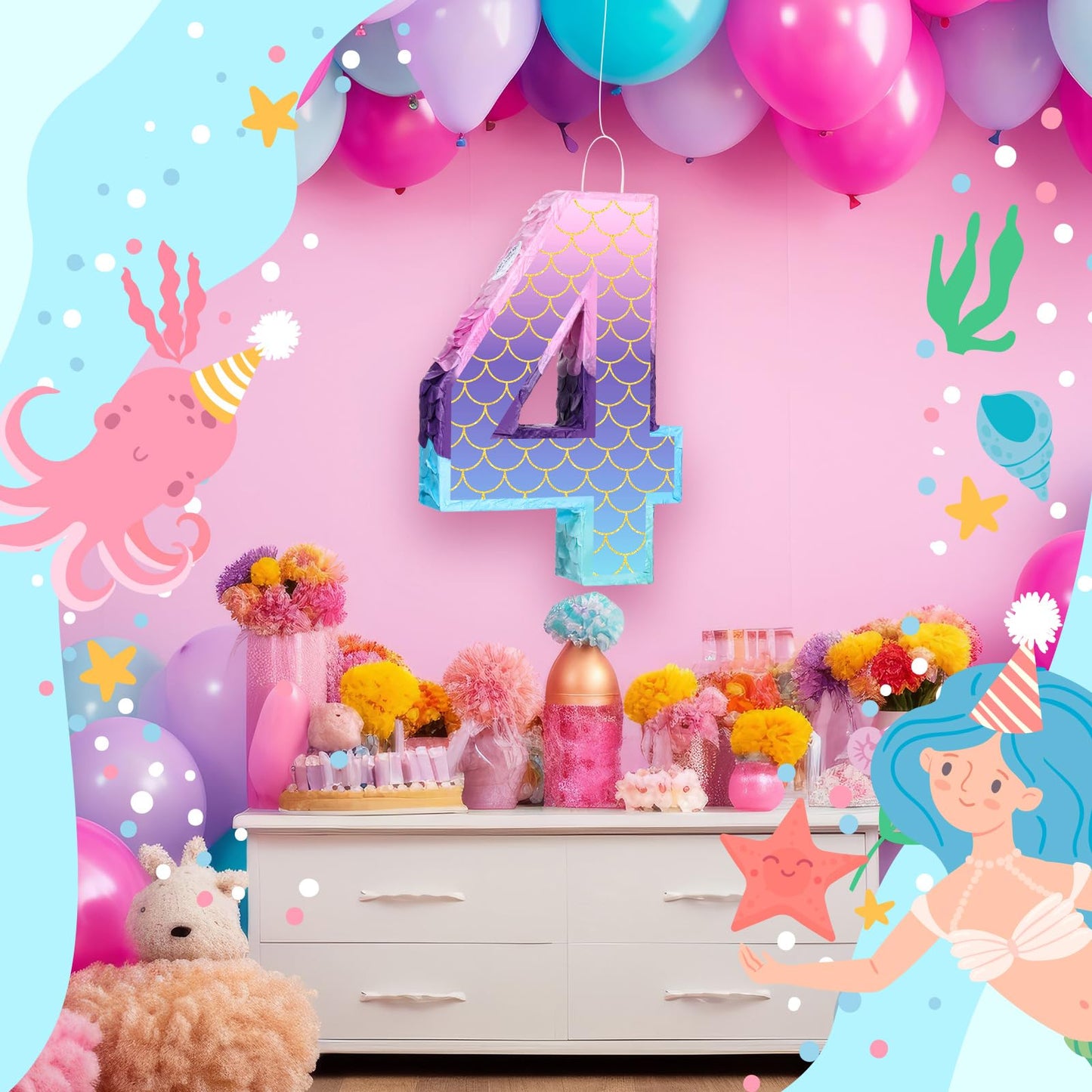 Shappy 16 Inch Mermaid Piñata Purple Number Birthday Piñata Birthday Party With Stick Blindfold Confetti For Birthday Anniversary Celebration Decoration Supplies(Number 4)