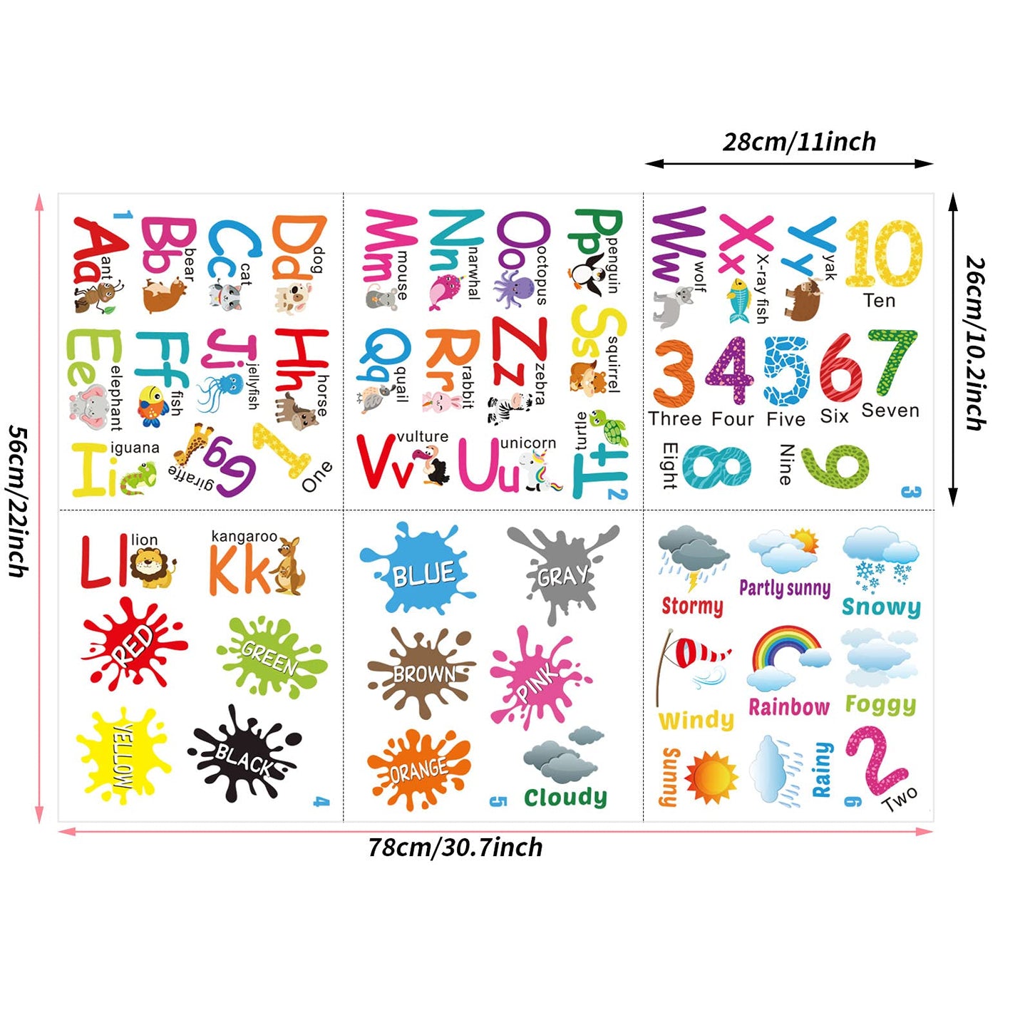 Outus Alphabet Wall Decals - 6 Sheets Peel and Stick Educational Stickers, Assorted Color, Vinyl for Kids' Playroom and Classroom Decor