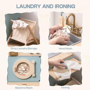ROBOTIME Toy Kitchen Washer Playset, Wooden Toy Washing Machine for Kids with Clothes Basket, Iron and Sink, Pretend Toddlers Ki