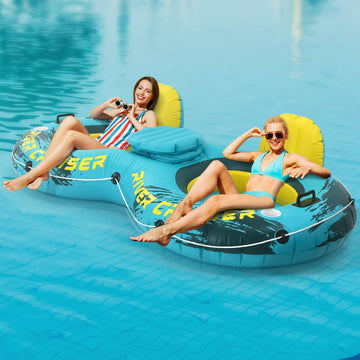 Sunrio 2025 New & Upgrade 2 Person Double River Tubes for Floating Heavy Duty Inflatable Floating Lounger enhanced Water Rafts Pool Float Above Lake and River for mature-themeds (Green-Yellow)