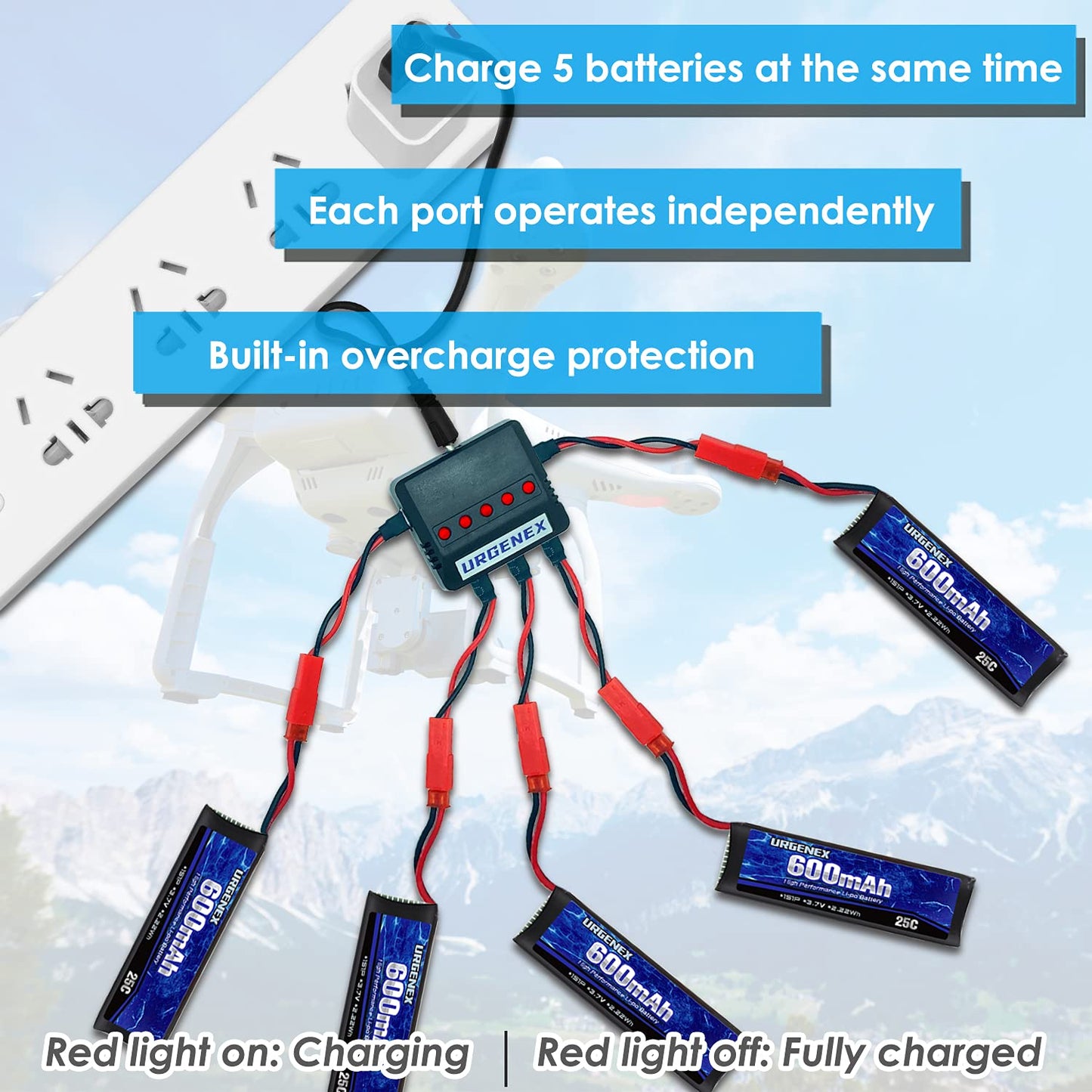 URGENEX 3.7v Lipo Battery 600mAh with JST Plug 1S Li-Po Battery with X5 Battery Charger for UDI U817 U817A V959 V222 V929 RC Dro