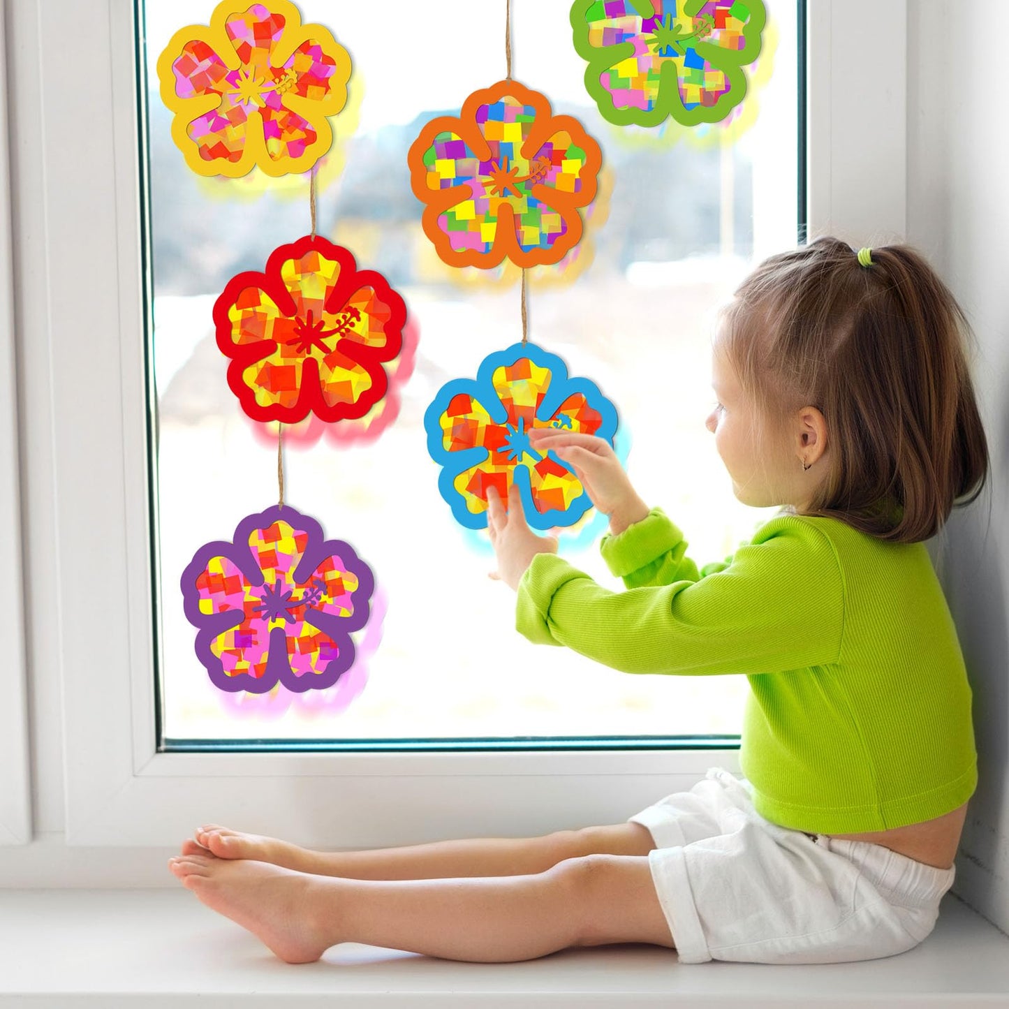 Cinrobiye 24 Set Summer Suncatcher Craft Kit DIY Hawaii Ornaments Luau Moana Tissue Paper Art and Craft Kit Hibiscus Hanging Orn