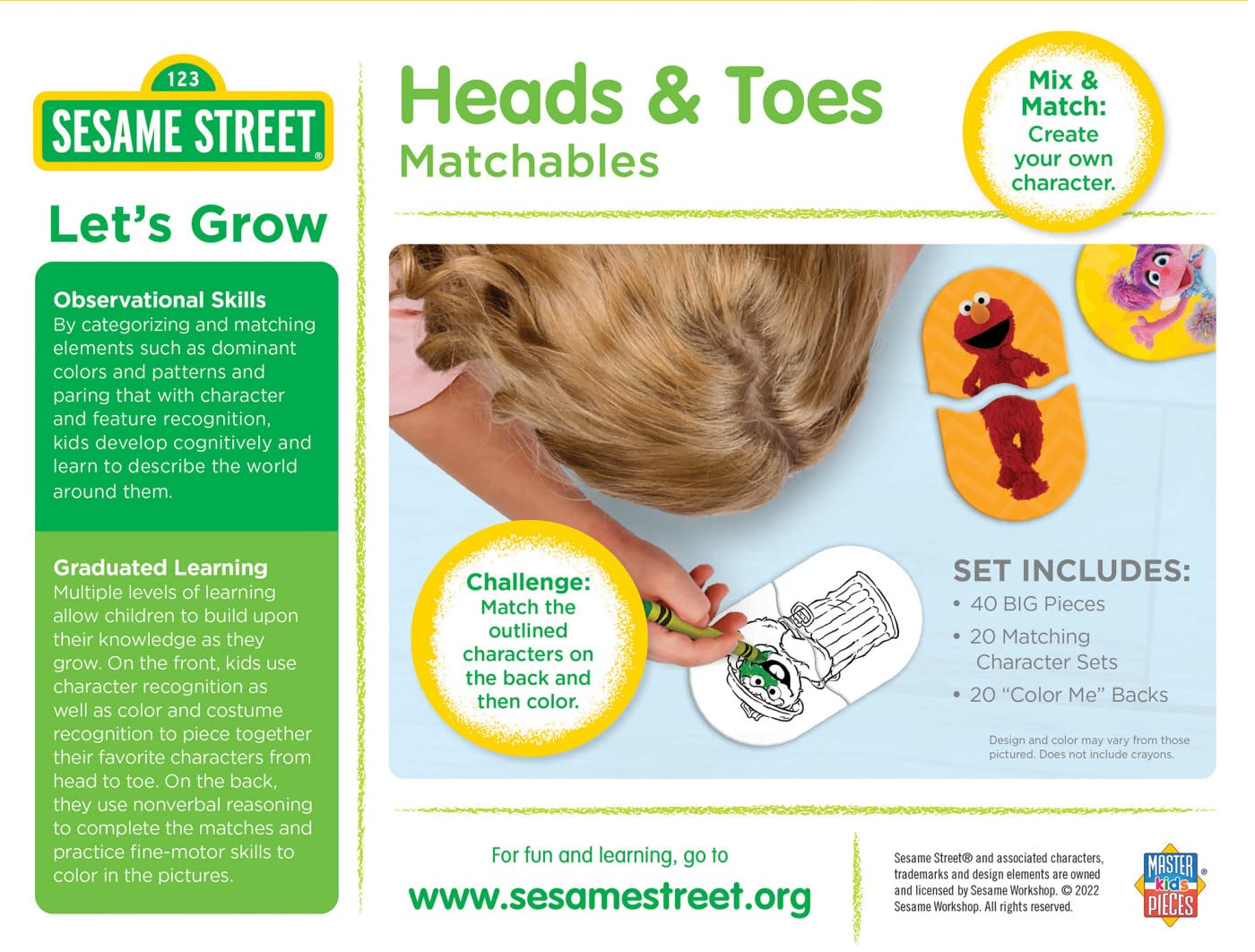 MasterPieces Sesame Street Heads & Toes Matching Game - Fun Educational Play - Model 12201 - Team Color