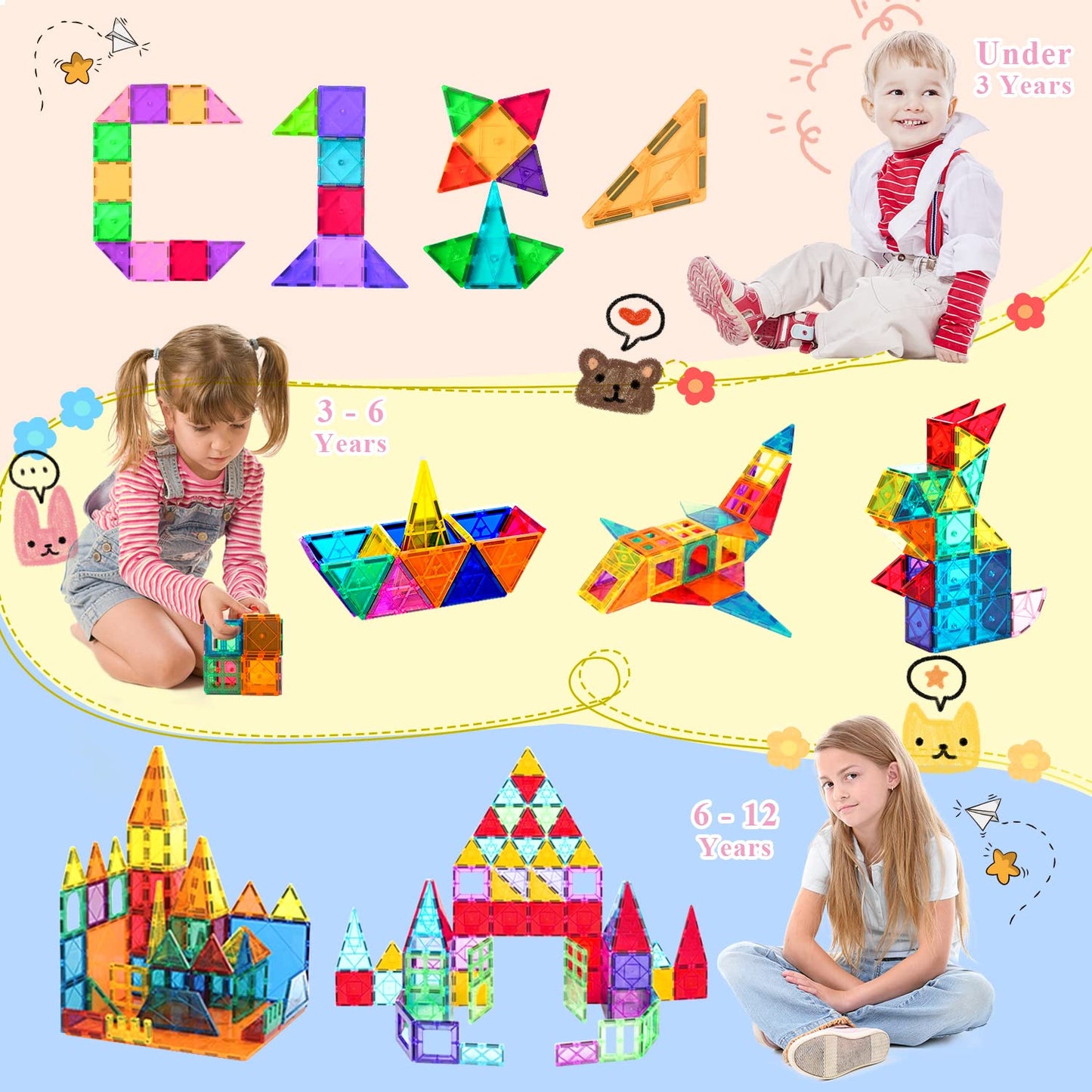 Aquadawn 110 Pieces Magnetic Building Tiles Set With 2 Cars, Magnetic Building Blocks For Toddlers 1-3, Educational Toys Tiles For Kids Ages 4-8, 3D Toys Gifts For Girls Boys