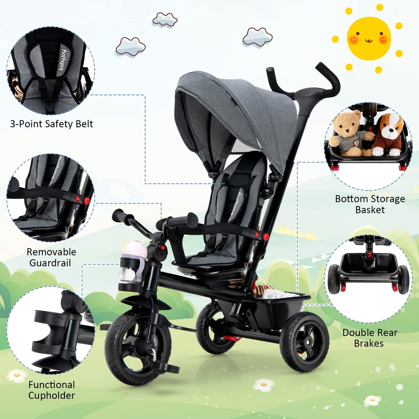 BABY JOY Tricycle, 5 in 1 Toddler Bike W/Removable Push Handle, Reversible Seat, EVA Wheel, Adjustable Canopy, Cup Holder & Stor