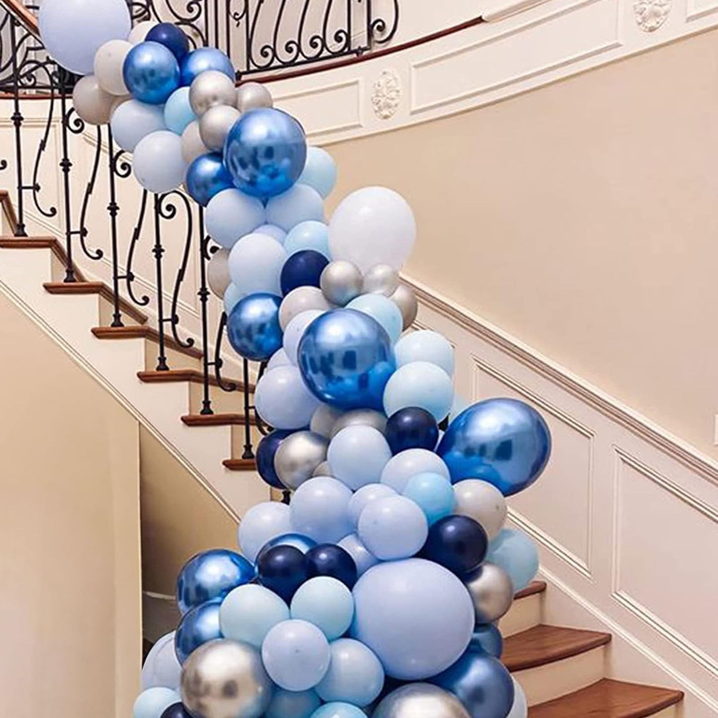 Metallic Blue Silver Balloons Garland Arch Kit, 117Pcs 18/12/10/5 Inch Chrome Blue Light Blue White Sliver Confetti Balloons For