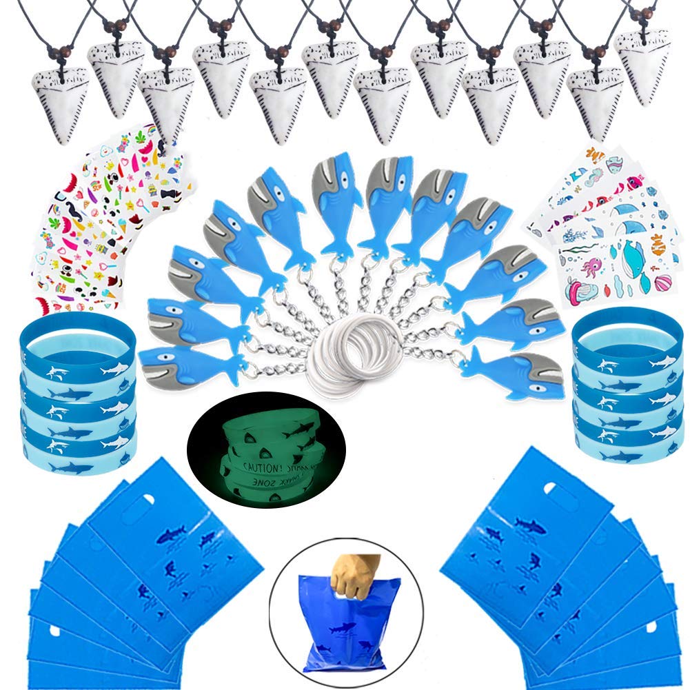 Shark Party Favor Supplies Pack -Shark Tooth Necklace Tattoo Sticker Shark Gift Bag Shark Bracelet Pin Back Button for Kids Unde