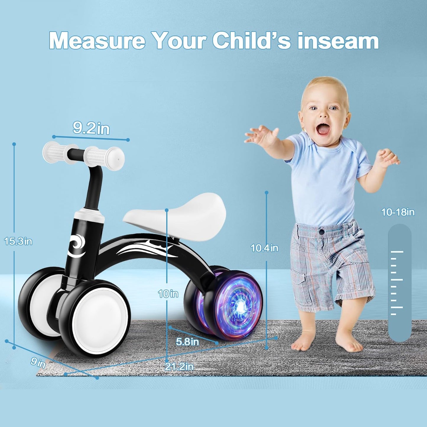 Gamfeiny Colorful Baby Balance Bike, No Pedal, Carbon Steel, 1T, Black, Model BK-200, Ideal for 10-36 Month Toddler Gifts