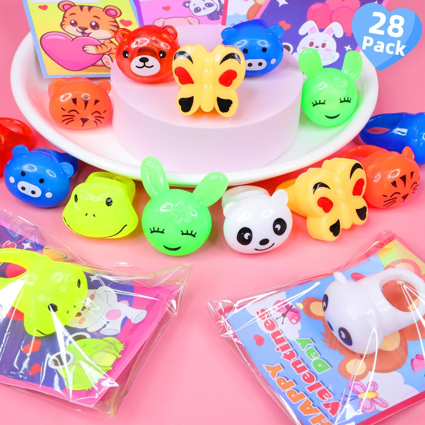 Valentines Day Gifts for Kids 28 Pack Valentines Cards with Prefilled 7 Shapes Led Light Up Rings Bulk Party Favors Toys for Kid