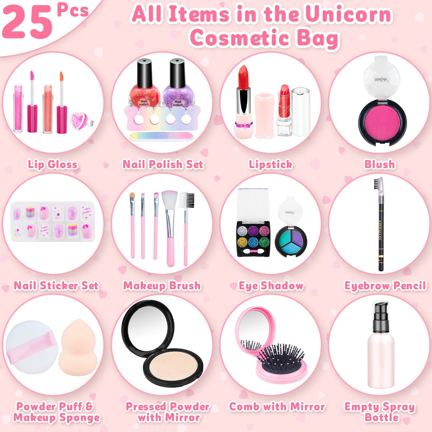 Hollyhi 25 Pcs Kids Makeup Kit for Girl, Washable Real Make Up Play Set with Unicorn Cosmetic Bag, Pretend Beauty Set Princess D