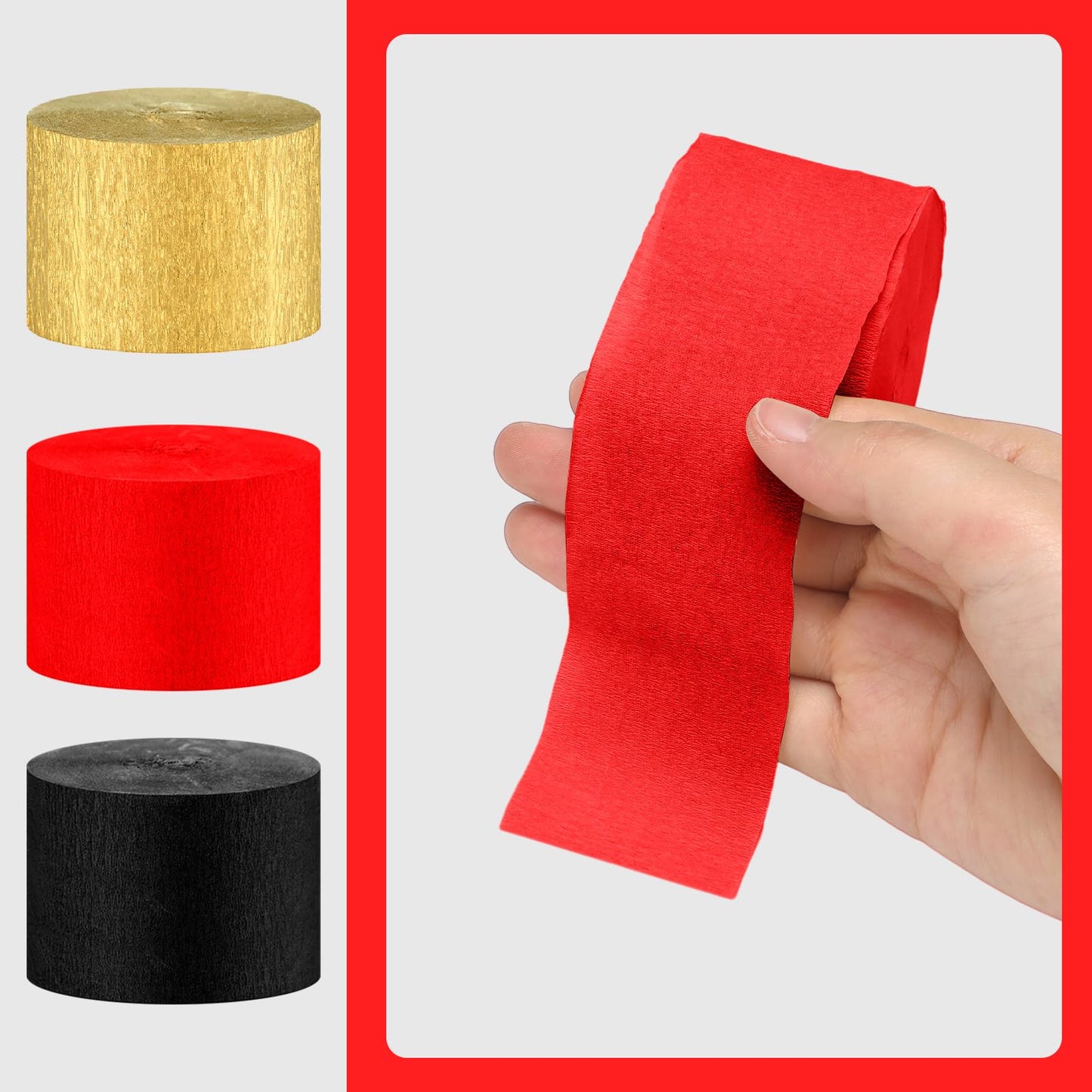 Kisston 10 Rolls Crepe Paper Streamers 820 Ft, Red Gold Black Crepe Paper Decorations for Wedding Ceremony Birthday Party