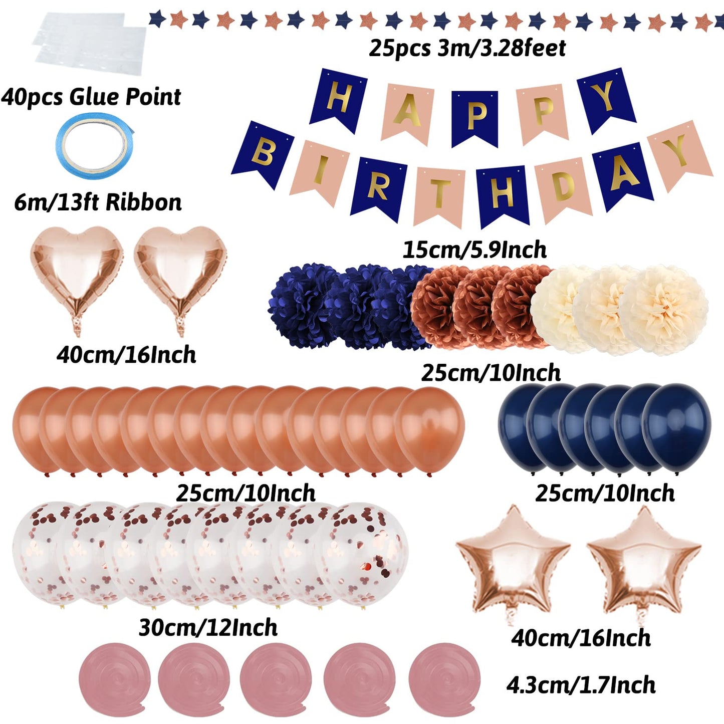 Zerodeco Birthday Decorations For Women, Navy Blue Rose Gold Birthday Party Decorations Happy Birthday Banner Paper Pompoms Ball