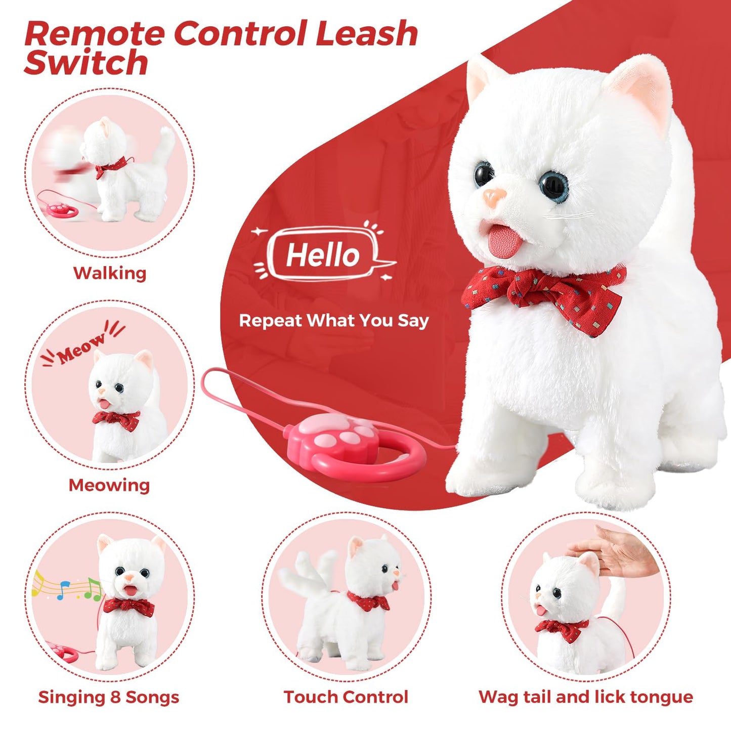 White Leash Walking Cat Set Toy Interactive Talking Cat Singing Dancing Kitten Mimicking Repeat What You Say Kitty Touch And Voice Control Nodding Wagging Tail Plush Electric Robot For Kid Girl