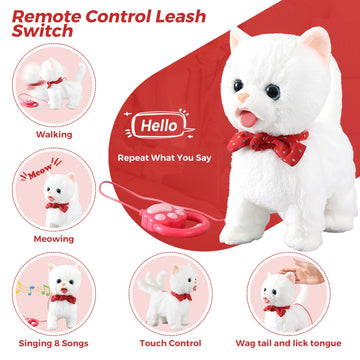 White Leash Walking Cat Set Toy Interactive Talking Cat Singing Dancing Kitten Mimicking Repeat What You Say Kitty Touch And Voice Control Nodding Wagging Tail Plush Electric Robot For Kid Girl