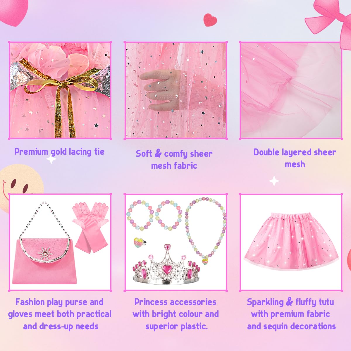 Meland Princess Dress Up For Girls, Light Up Princess Cape With Crown, Dress Up Clothes Birthday Gift For Girls Toys 3-8