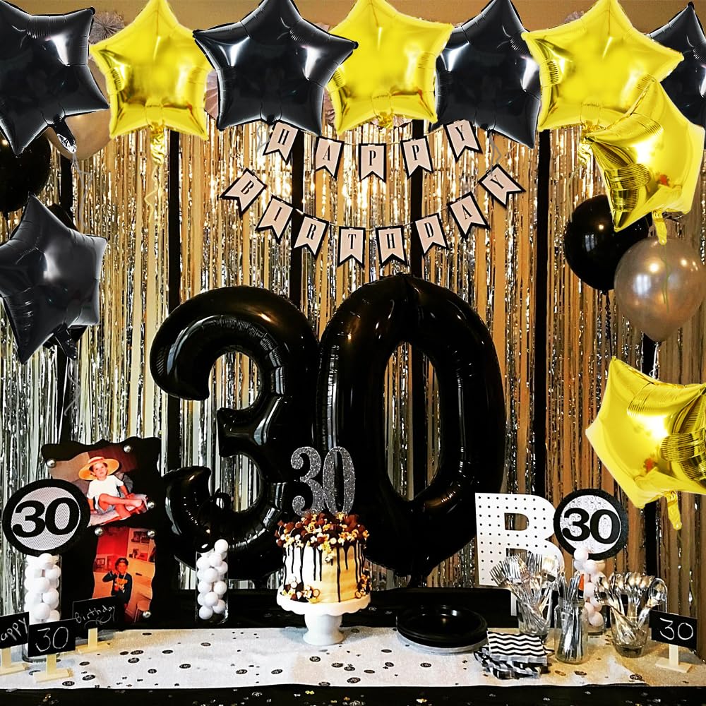 TONIFUL 30Pcs 18" Black Gold Star Foil Balloons for Birthday, Wedding, Baby Shower Decorations