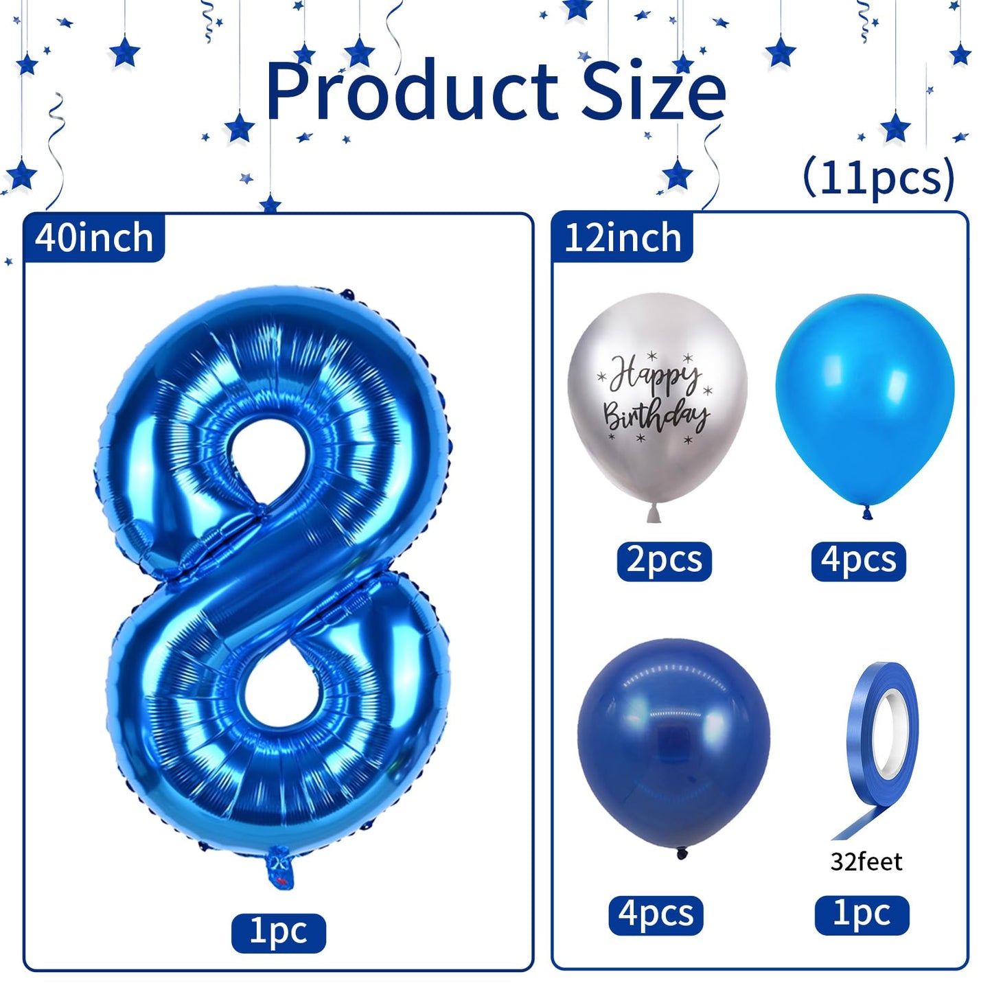 FunHot 40 Inch Blue Number 8 Balloon, Rubber Latex, 11Pcs Silver Print, 8th Birthday Party Decorations