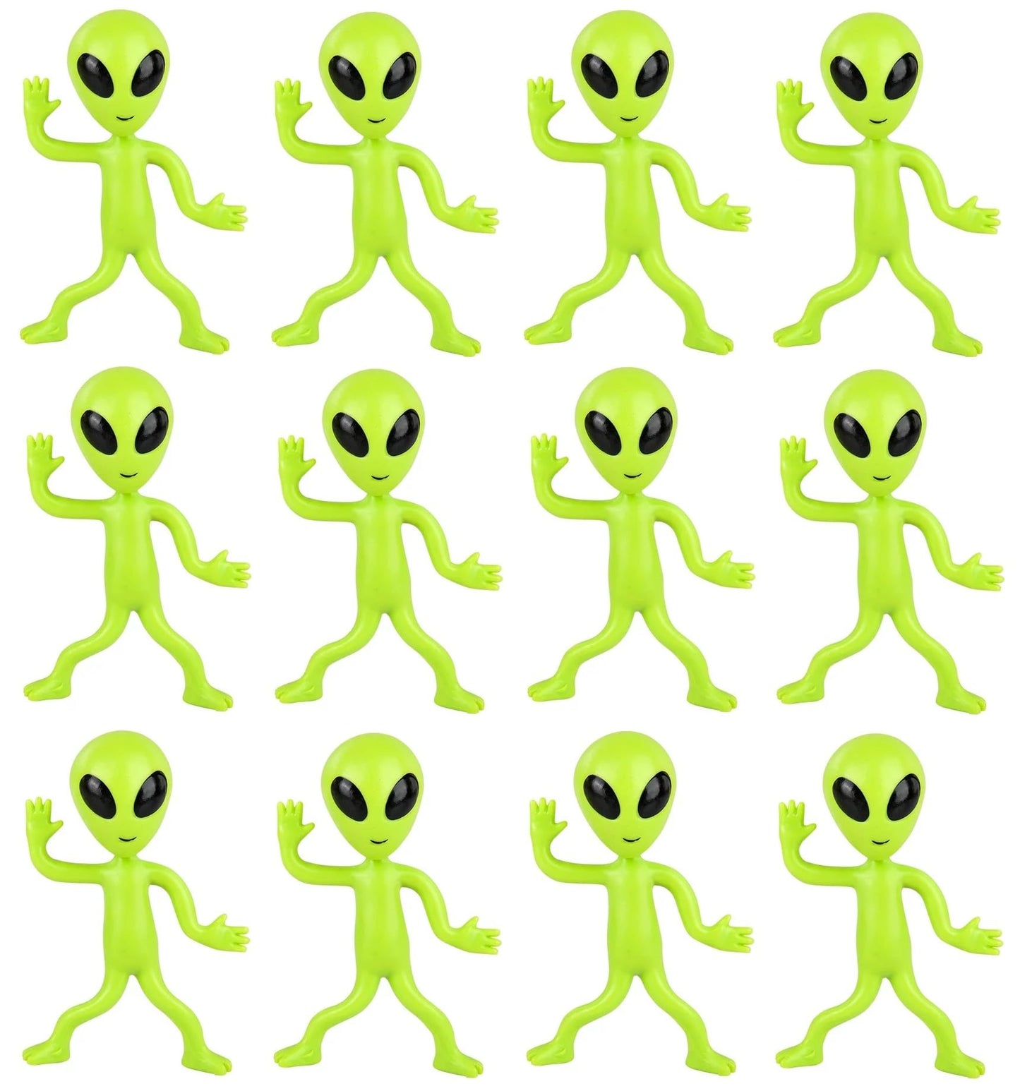 Bendable Rubber Neon Green Aliens - 24 Pack in a Display Box. (4) Action Figures Bendable UFO Aliens Limbs Sensory Stress Relief