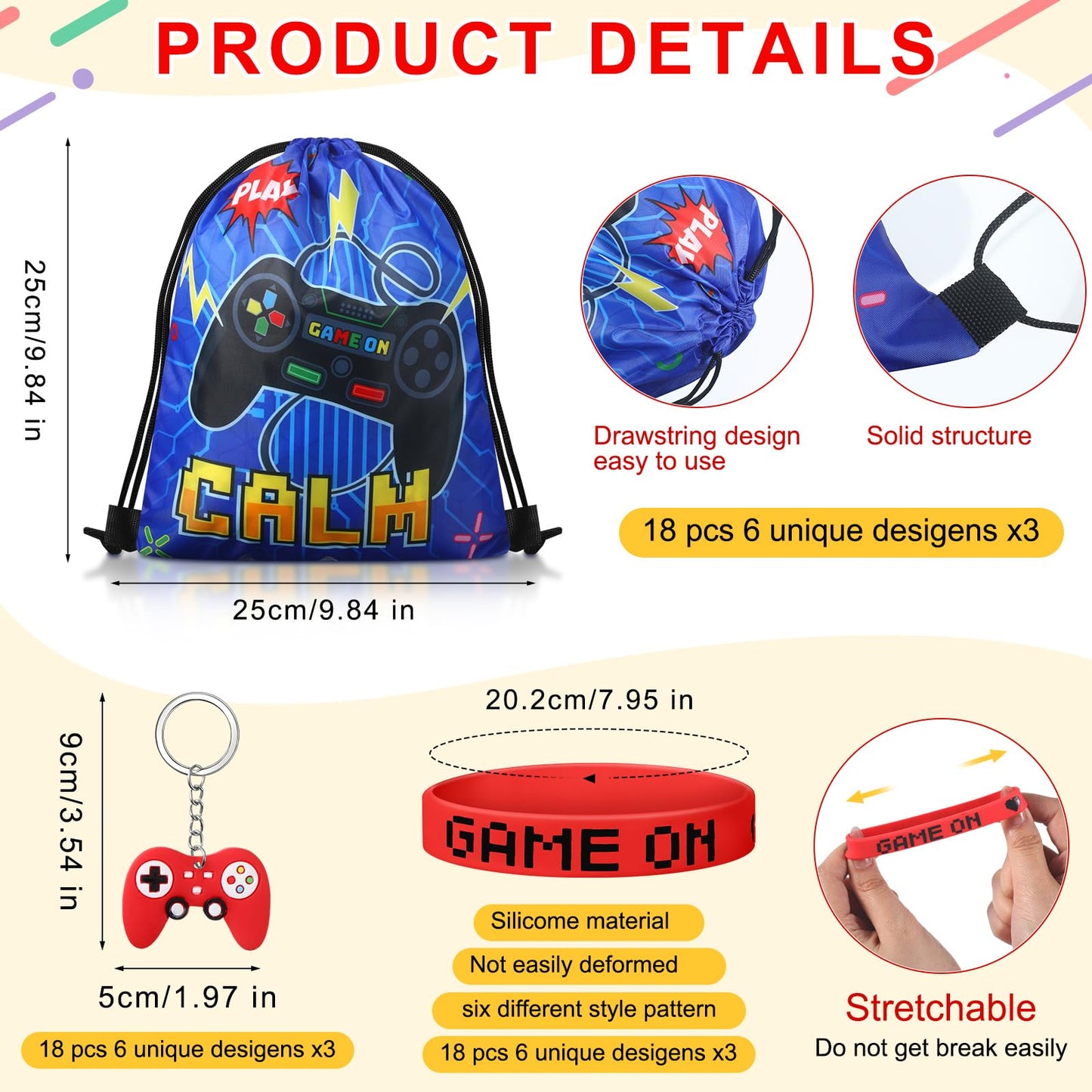 Sadnyy 140 Pcs Video Game Party Favors Birthday Party Decorations Supplies Drawstring Bags with Silicone Bracelets Keychains Str