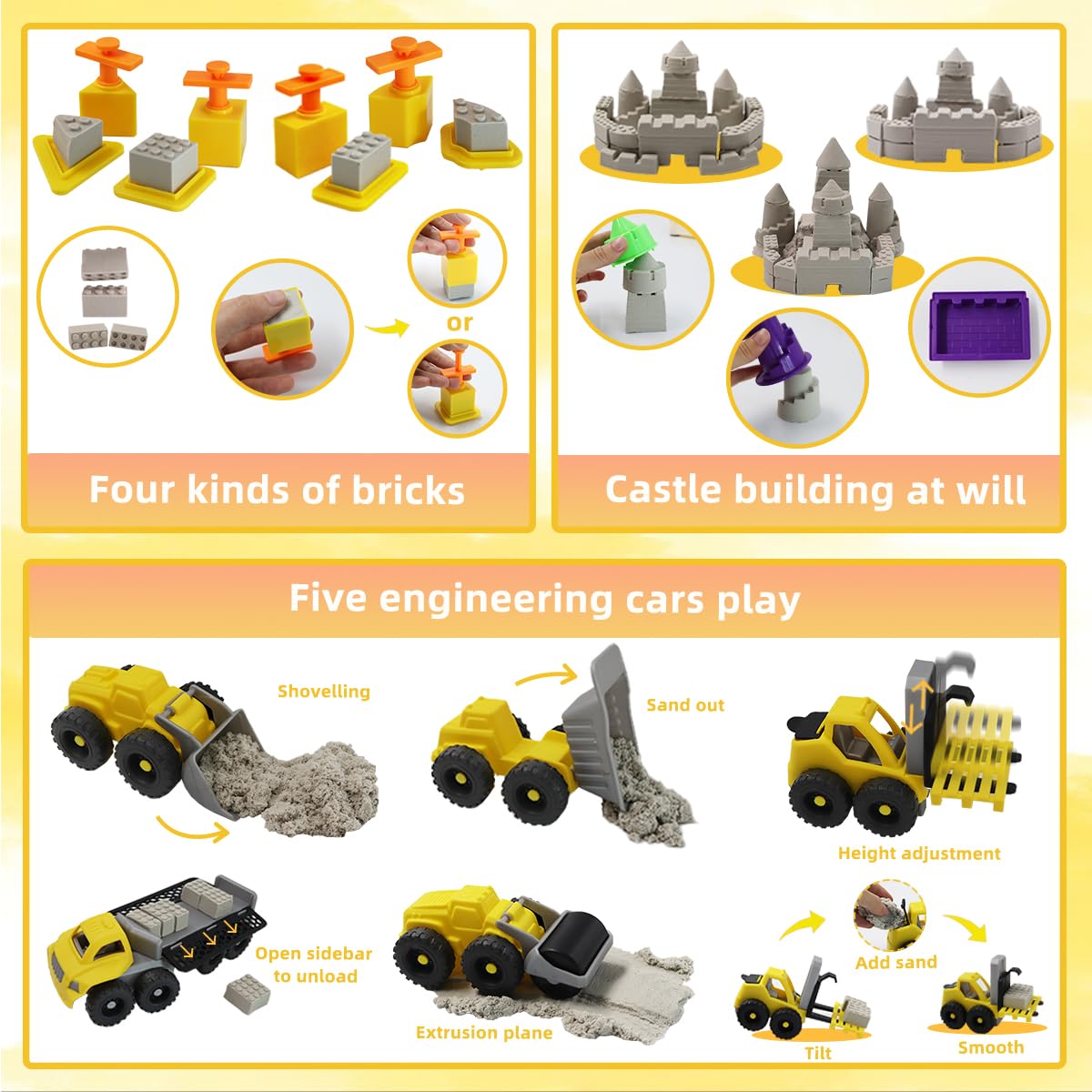 BEIREG Magic Sand Construction Kit, 3lbs Sand with Sandbox, 5 Detachable Construction Vehicles, 4 Brick Molds, 7 Castle Molds, 8