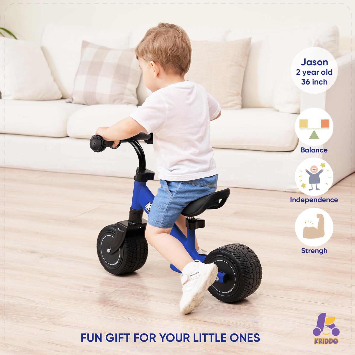 Kriddo Baby Balance Bike Mini Cruiser Design With Wide Pu Wheels For 1-3 Year Olds Ideal First Birthday Gift And Baby Toy, Blue