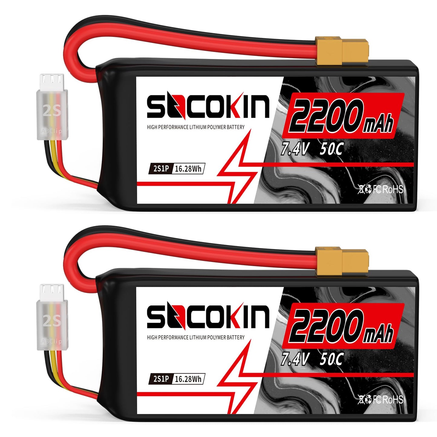 Socokin 2S Lipo Battery 7.4V 2200mAh 50C with XT60 Connector - Soft Case (2 Pack) for RC Cars, Trucks, Drones,